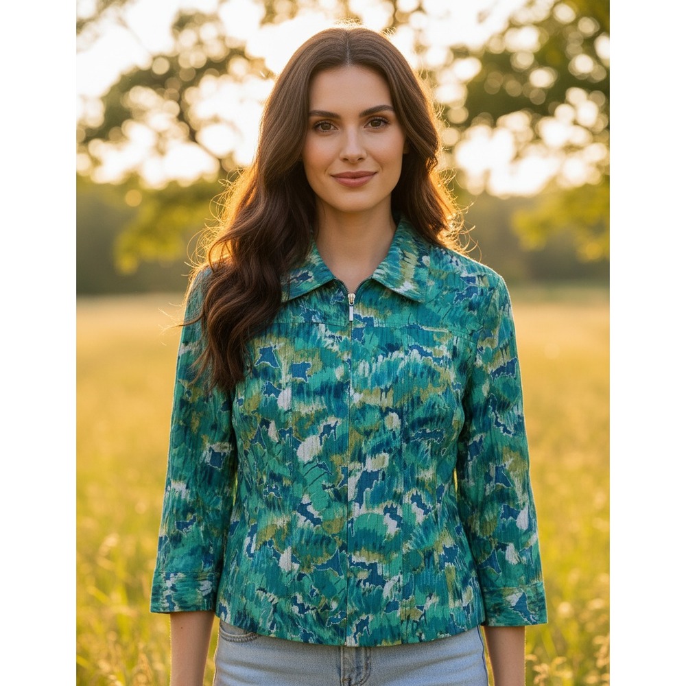 Ruby Rd L XL Zip Jacket Top Teal Blue Green Floral Linen Artsy Resort Coastal